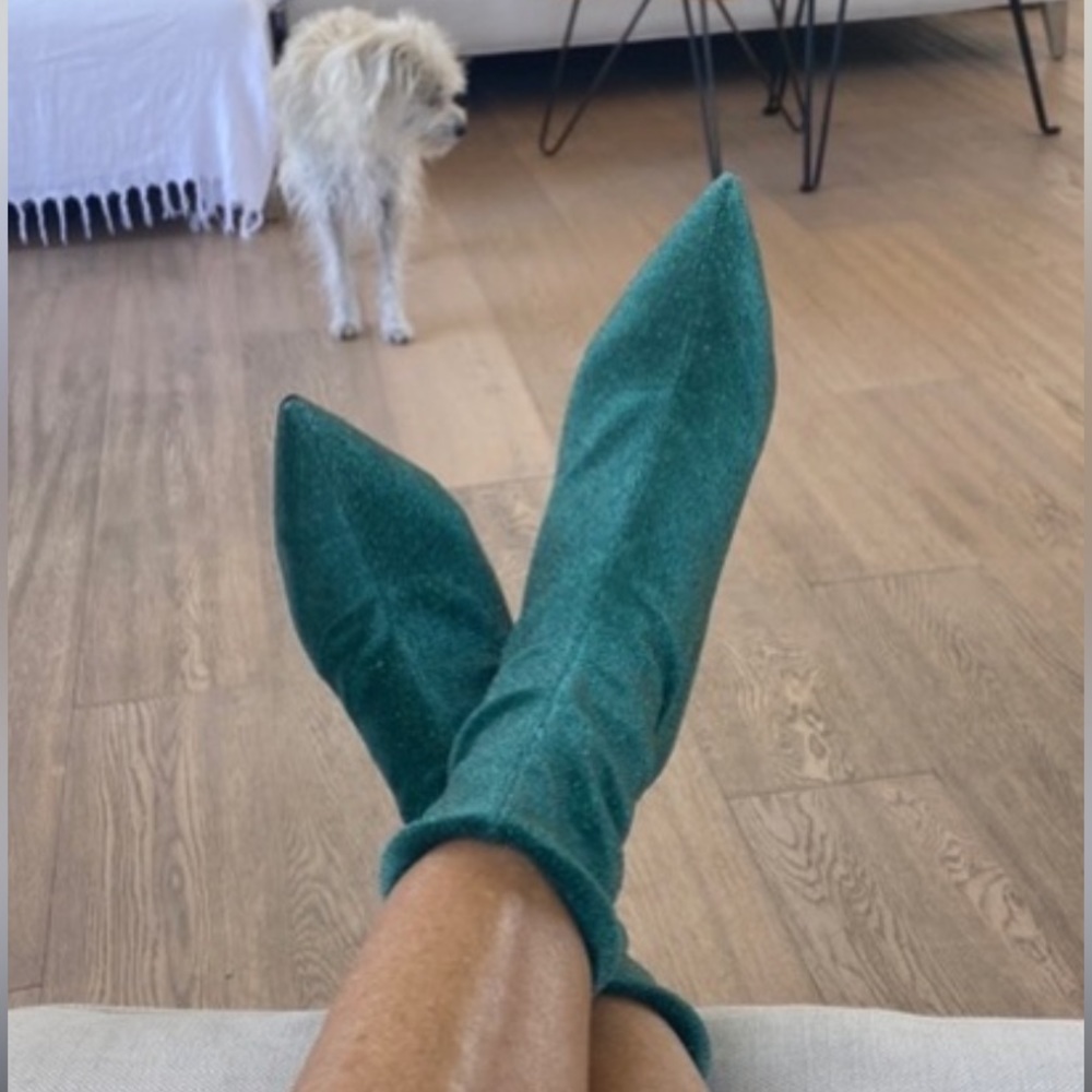 Neiman Marcus NWT Lola Cruz Glitter Sock Pointy Toe Green Boots Super Fun
